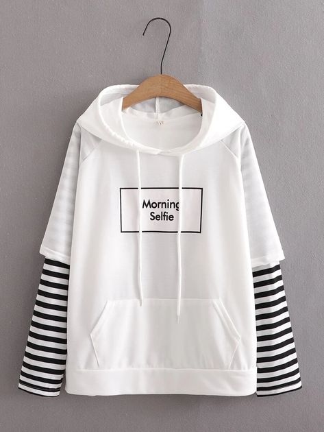 Hoodies Korean Style, Harajuku Style Hooded Sweatshirt With Drawstring, Cute Shein Tops, Over Sized Hoodie Outfit Korean, White Harajuku Sweatshirt With Drawstring Hood, Korean Hoodies Womens, Fast Fashion Brands, Women Sweatshirts, Striped Hoodie