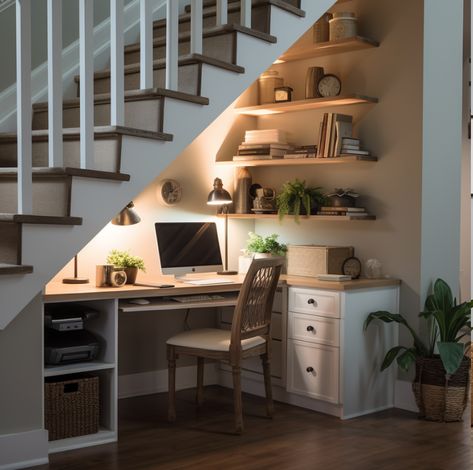 Creative ways to use that space under the stairs! New Project time! Desk Under The Stairs, Open Understairs Decor Ideas, Workspace Under Stairs, Study Nook Under Stairs, Under Stair Decor Ideas, Built In Bench By Stairs, Stairwell Space Ideas, Upstairs Ideas Layout, Staircase In Small Living Room