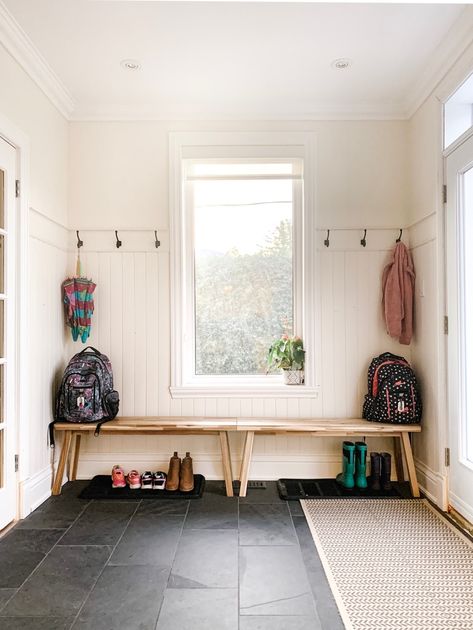 Mudroom In Kitchen Entrance, Mudroom Off Dining Room, Temporary Mudroom Ideas, Mudroom Around Window, Mudroom Built Ins Around Window, Small Mudroom With Window, Mudroom Ideas With Window, Enclosed Porch Mudroom Ideas, Breeze Way Mudroom