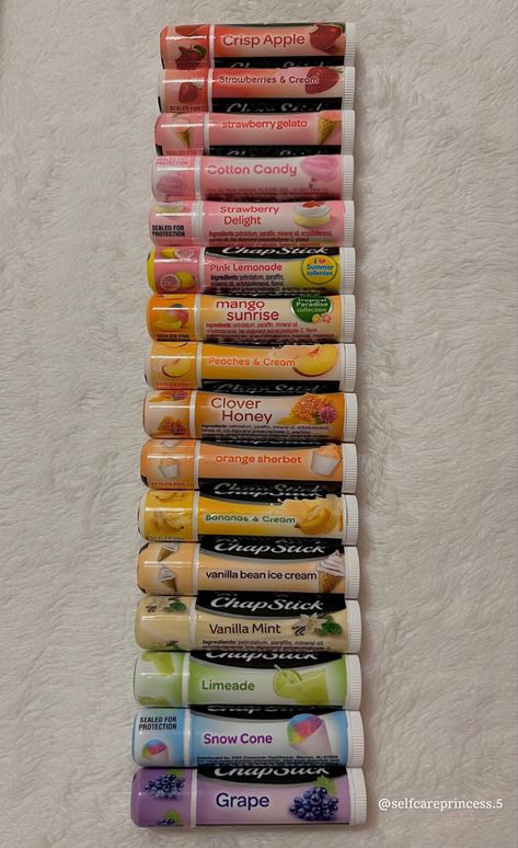 Chapstick Aesthetic Collection, Chapstick Collection Aesthetic, Purple Chapstick, Chapstick Flavors, Cute Chapstick, Chapstick Collection, Lip Balm Aesthetic, Lips Essentials, Chapstick Lip Balm