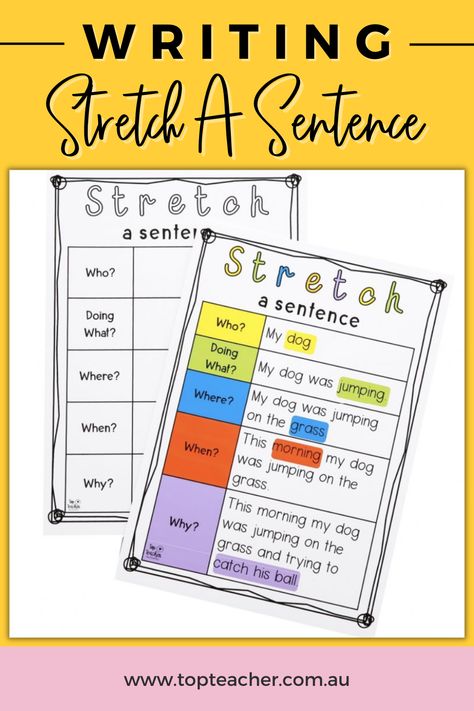 Practise creating interesting sentences using this simple format to breakdown the key components – who, doing what, where, when, why. Includes a completed example and then a printable worksheet for your students to have a go at stretching their own sentence. Mixed Up Sentences For First Grade, Stretching Sentences, Qr Code Activities, Sentence Builder, Online Teaching Resources, Concepts Of Print, Sentence Frames, Sentence Stems, Who What Where