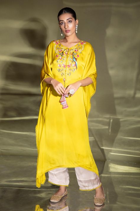 Yellow Kaftan, Indian Lengha, Yellow Satin, Palazzo Set, Bird Pattern, Indian Dress, Bird Patterns, Set For Women, Flared Sleeves