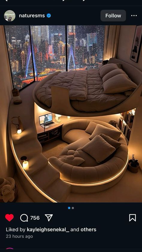 Circle Bed Luxury, Bedroom Ideas Circle Bed, Sunroof In Bedroom, Circle Bunk Bed, Big Loft Bed, Tour Bus Bedroom, Awesome Bedroom Ideas, Cozy Nest Bed, Circle Bed Designs