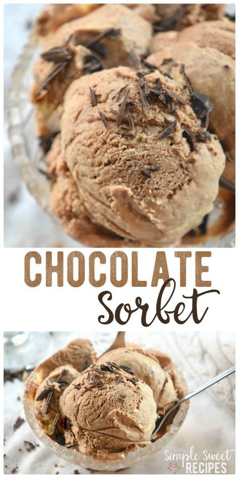 A rich and decadent chocolate sorbet recipe, so quick and easy. This chocolatey dessert is cool and refreshing with the texture of a smooth sorbet. A great dessert for 2. via @simplesweetrecipes Chocolate Sorbet Recipe, Dessert For 2, Strawberry Sherbert, Sorbet Dessert, Sherbet Recipes, Chocolate Sorbet, Sorbet Recipe, Sorbet Ice Cream, Gelato Ice Cream