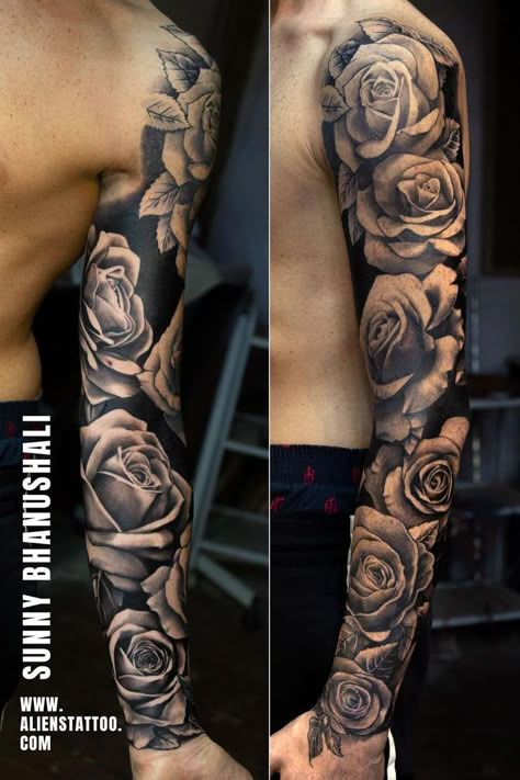 Roses Sleeve Tattoos For Guys, Rose Full Sleeve Tattoo For Men, Full Rose Sleeve Tattoo Women, Black And Grey Roses Tattoo, Tattoo Roses Men, Dahlia Tattoo Sleeve, Negative Space Rose Tattoo, Flower Sleeve Tattoo Men, Black And White Tattoo Sleeve