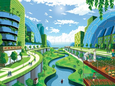 Cyberpunk Art Futuristic Architecture, Futuristic Architecture Future City, Solarpunk Aesthetic, Eco Futurism, Koshino House, Urban Fantasy Art, Solar Punk, Future Cities, Eco City