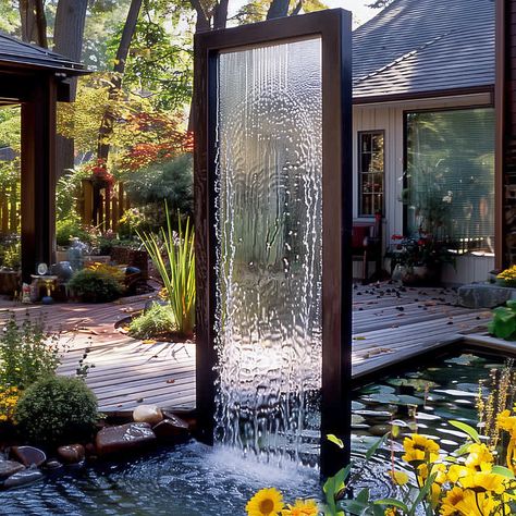 Enhance your space with the timeless elegance of a Clear Glass Waterfall Fountain. Featuring water that cascades gently over a transparent glass surface, this fountain is as captivating as it is serene. Its durable metal frame is customizable, available in copper, stainless steel, corten, or a powder-coated finish in any color, ensuring a perfect fit for your aesthetic. Ideal for indoor or outdoor settings, this fountain combines stunning visuals with the calming sounds of flowing water. Custo Outside Fountains, Open Aesthetic, Glass Fountain, Fountain Indoor, Glass Waterfall, Outdoor Fountains, Waterfall Wall, Calming Sounds, Tabletop Fountain