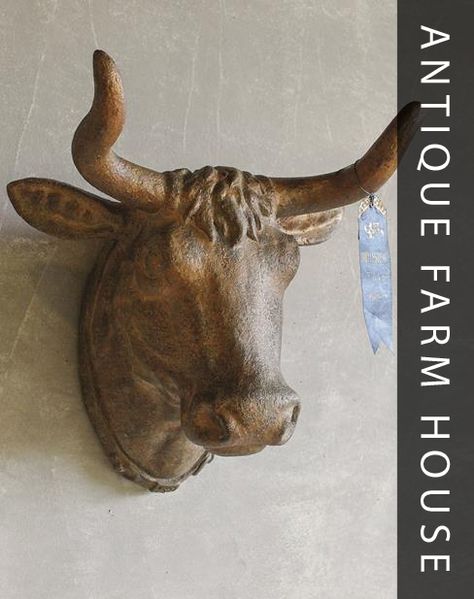 Antique-looking cow head adds farmhouse style. Bull Head Decor, Cow Head Decor, Bull Pictures, Painted Fox Home, Farmhouse Chic Decor, Dining Room Accents, Dear Lillie, Bull Head, Cow Head