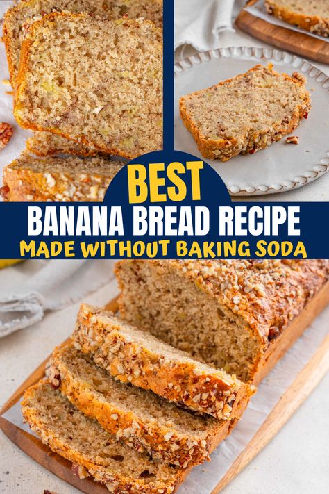 This banana bread without baking soda is extra fluffy and moist, and it has what I think is the perfect banana flavor! Banana Bread Recipe Without Baking Soda Or Baking Powder, Banana Bread Recipe No Baking Soda, Banana Bread Recipe Without Baking Soda, Banana Bread Without Baking Soda, Baking Soda Substitute, Cinnamon Nuts, Make Banana Bread, Best Banana Bread, Chocolate Chip Banana Bread