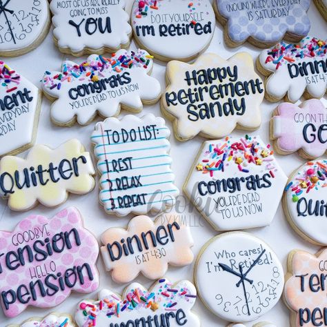 Nurse Retirement Cookies Decorated, Work Cookies Decorated, Cookies For Retirement Party, Funny Retirement Cookies Decorated, Retirement Party Cookie Ideas, We Will Miss You Cookies, Teacher Retirement Cookies Decorated, Nurse Retirement Cookies, Retirement Royal Icing Cookies