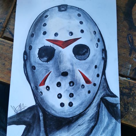 Jason Voorhees Artwork, Jason Drawing Easy, How To Draw Jason Voorhees, Jason Voorhees Painting Canvas, Jason Voorhees Drawing Pencil, Jason Voorhees Drawing Easy, Michael Myers Drawing Pencil, Jason Drawing Friday The 13th, Jason Voorhees Painting