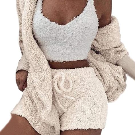 VNVNE Womens Sexy Fuzzy Warm Sherpa Fleece 3 Piece Outfit Fleece Coat Jacket Outwear and Spaghetti Strap Crop Top Shorts Set Sherpa Outfits, Crop Top Shorts, 3 Piece Outfit, Top Shorts Set, Chic Winter Outfits, Cute Pajama Sets, Spaghetti Strap Crop Top, Strap Crop Top, Winter Chic