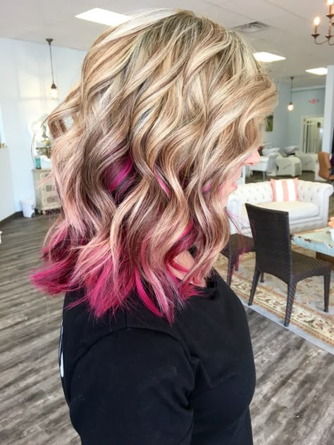 Blonde with magenta done by @allydestout Hot Pink Peek A Boo Hair, Peekaboo Hair Color Short Bob Hairstyles, Hair With Pink Highlights, Blonde Hair With Pink, Pink Hair Highlights, Blonde Hair With Pink Highlights, Tan Skin Blonde Hair, Bright Highlights, Pink Blonde Hair