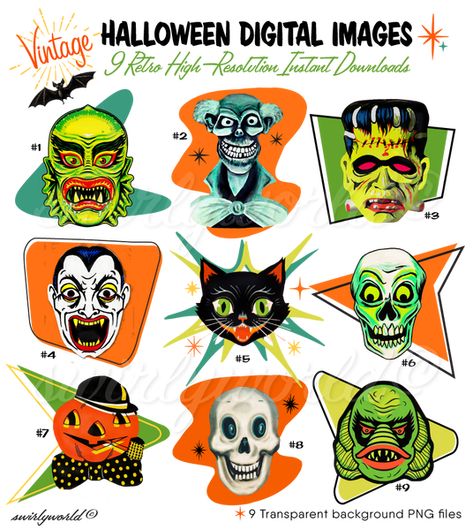 We’re thrilled to offer a Spooktacular collection of ultra-rare vintage Halloween images! Choose from an array of Fangtastic authentic retro designs featuring a delightful mix of kitschy vintage Halloween illustrations from the 1940s, 1960s, 1970s, and 1980s. Each digital image has been expertly remastered, preserving Vintage Halloween Masks Retro, Mid Century Halloween Illustrations, Vintage Halloween Diecut, Midcentury Modern Halloween, Vintage Halloween Monsters, Vintage Halloween Stickers, Simple Halloween Designs, Graphic Challenge, Retro Halloween Aesthetic