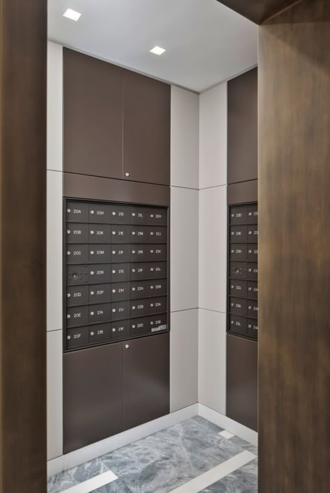 Mail room of luxe Upper West Side lobby, interior design by Pembrooke & Ives. Lobby Mailbox Design, Apartment Mail Room, Mail Room Design, Mailroom Design, Apartment Lobby Design, Apartment Mailboxes, Letter Box Design, Residential Lobby, Apartment Lobby