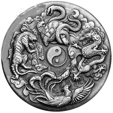 Hobo Art, Cobra Art, Yin Yang Art, Mythical Birds, Chinese Tattoo, Coin Art, Chinese Mythology, Chinese Ancient, Antique Coins