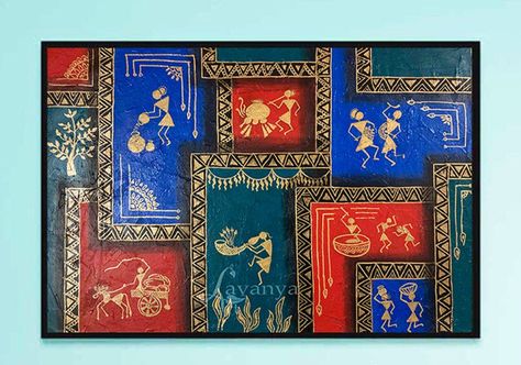 Indian Art Form Painting, Contemporary Warli Art, Warali Canvas Painting, Wall Painting Traditional, Indian Wall Art Painting, Modern Madhubani Art, Indian Art Paintings Modern Indian Art Paintings, Warli Paintings On Canvas, Traditional Wall Art Indian