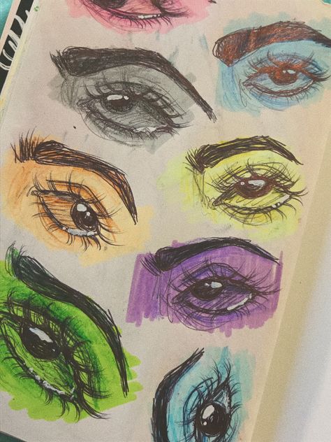 Highlighter Eye Drawing, Highlighter Eyes Drawing, Highlighter Sketch, Highlighter Tips, Highlighter Art, Hippie Drawing, Eye Drawings, A Level Art Sketchbook, Disney Princess Drawings