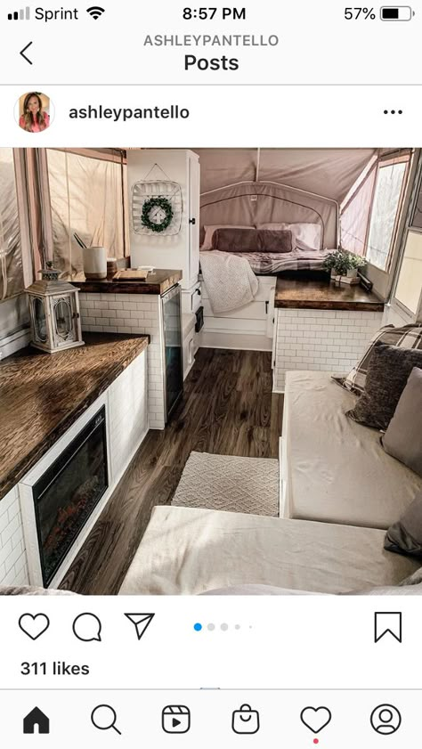 Pop Up Camper Before And After, Pop Up Camper Fireplace, Boho Pop Up Camper Interior, Remodeled Pop Up Camper, Boho Pop Up Camper, Pop Up Trailer Hacks, Pop Up Camper Interior Ideas, Popup Camper Makeover, Pop Up Trailer Makeover