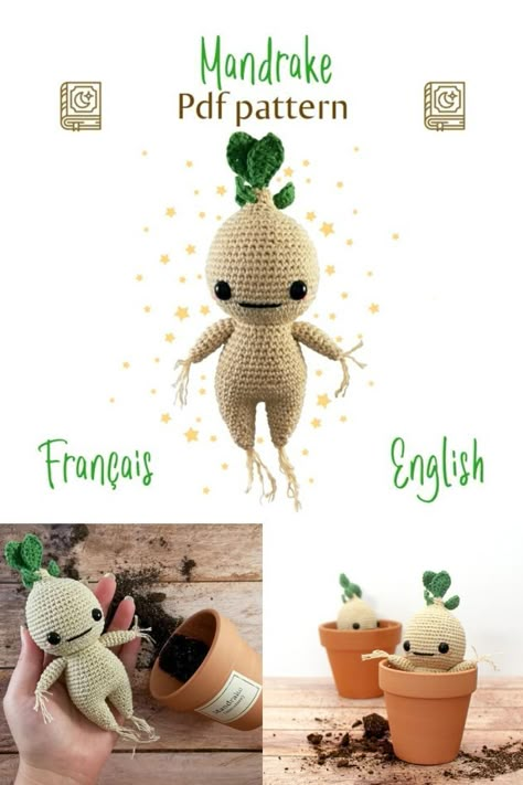 Adorable Harry Potter Inspired Mandrake Crochet Pattern. I love this sweet little mandrake amigurumi! I can't wait to make him! #crochetpattern #crochetamigurumi #amigurumipattern #mandrakepattern #harrypotterpatterns #harrypottercrochet #craftevangelist Doby Crochet Pattern, Crochet Mandrake Pattern, Mandrake Root Crochet Pattern Free, Harry Potter Crochet Amigurumi, Harry Potter Crochet Lovey, Amigurumi Chibi Doll Free Pattern, Crochet Bowtruckle, Easy Harry Potter Crochet, Harry Potter Inspired Crochet