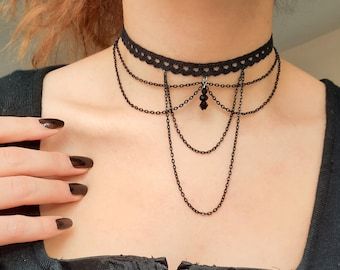 Black Jwellary Aesthetic, Fantasy Choker Necklace, Fabric Chocker, Black Jewelry Aesthetic, Black Chains Jewelry, Choker Necklace Aesthetic, Chocker Neckless, Victorian Choker Necklace, Black Jewelry Necklace