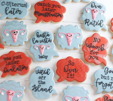 I seriously get the BEST requests. This one for a hysterectomy party. I had a blast thinking of uterus puns. #yesthatsweird #uteruscookies #hysterectomycookies #seeyoulaterovulator#customcookies #weirdcookierequest #utahcookies #humorouscookies #hysterectomyhumor Uterus Party, Mastectomy Party, First Moon Party, Funny Cookies, Period Party, Moon Party, Instagram Party, Cutout Sugar Cookies, Cupcake Party