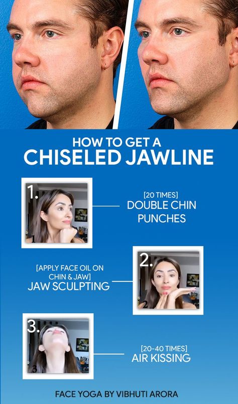 Take the 7-day Face Yoga challenge and see a visibly sculpted face. Face Yoga - Double chin punches - jaw sculpting - air kissing - to get rid of your jawline.

Follow for more tips✨ Get Rid Of Double Chin In 7 Days, Hairstyles For Weak Jawline, Face Yoga Jawline, Fix Double Chin, Jaw Sculpting, Face Yoga Challenge, Face Excercise, Jawline Men, Jaw Exercises