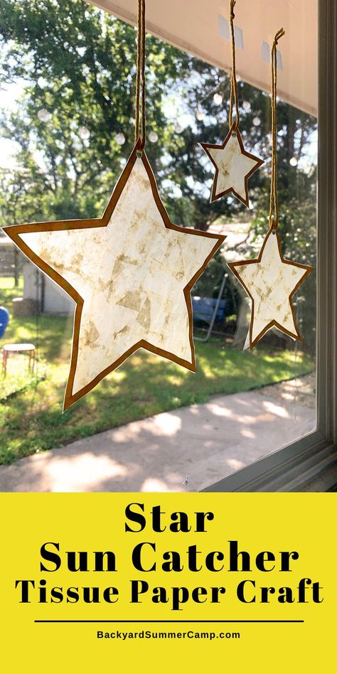 Make a star sun catcher for an easy kids' craft using tissue paper and glue. You can use this technique with other shapes too! Full tutorial plus more space activities at Backyard Summer Camp. Star Popsicle Stick Craft, Tissue Paper Sun Catcher Wax Paper, Star Sun Catcher, Tissue Paper Stars, Star Art Projects For Kids, Tissue Paper Sun Catcher, Star Crafts For Kids, School Glue Crafts, Hanging Star Light