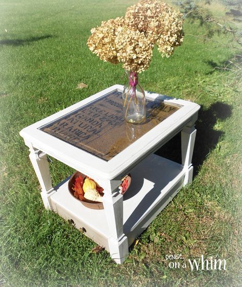 Burlap Table Makeover - I've never really cared for glass tabletops. So, when I got this table from a friend, I figured I would lose the glass altogether. I end… End Table Makeover, Coffee Table Glass, Coffee Table Makeover, Glass Top End Tables, Burlap Table, Table Glass, Glass End Tables, Western Furniture, Table Makeover