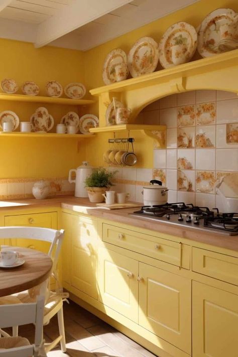 Bright Yellow Kitchen, Yellow Country Kitchens, Yellow Kitchens, Mustard Yellow Kitchens, Kitchen Color Yellow, Yellow Kitchen Designs, Yellow Kitchen Cabinets, Yellow Cabinets, Cabinets Painted