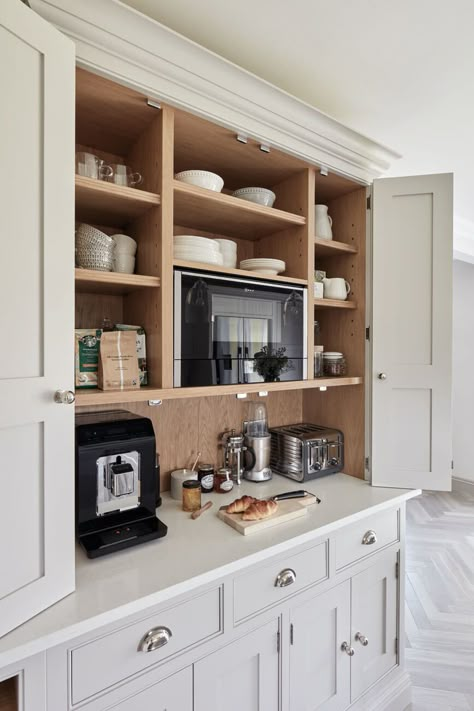 Kitchen Storage | Kitchen Shelves | Tom Howley Impressive Breakfast, Breakfast Pantry, Tom Howley Kitchens, Open Plan Kitchen Dining Living, Kitchen 2024, Coffee Area, Grey Kitchen Designs, Open Plan Kitchen Dining, Small Pantry