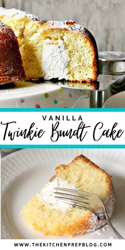 Twinkie Bundt Cake Recipe, Bundt Cake Filling Ideas, Twinkie Bundt Cake, Bundt Cake With Filling In The Middle, How To Ice A Bundt Cake, White Bundt Cake Recipes, Bundt Cake Filling, Filled Bundt Cake Recipes, Filled Bundt Cake