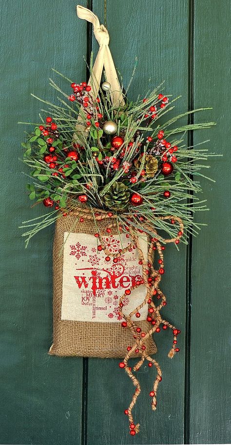 Winter Wishes - Iced Pine, Winterberry and Bell Burlap Wall Pocket, Winter Wreath, Christmas Wreath, Christmas Decor, Holiday Decor, Bells Christmas Wall Pockets, Wreaths Wedding, Wreath Swag, Burlap Wall, Winter Wishes, Burlap Crafts, Christmas Door Hanger, Xmas Wreaths, Primitive Christmas