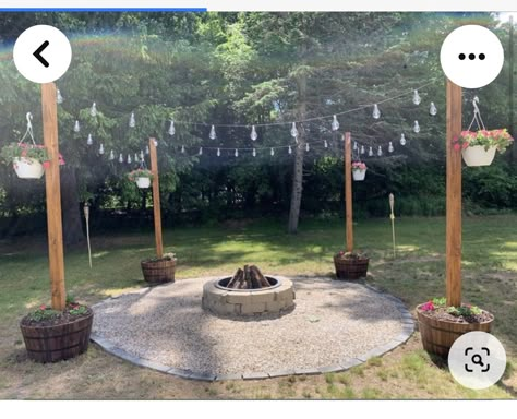 Outside Twinkle Lights Backyards, Outdoor Fire Pit Decorating Ideas, Backyard Fire Pit Swings, Fire Pit Ideas Backyard With Lights, Metal Firepits Backyard Ideas, Bone Fire Ideas Outdoor, Fire Pit Lights Ideas, Simple Diy Fire Pit Area, Diy Fire Pit Backyard