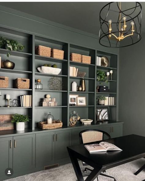 Forest Green Bookcase, Charcoal Gray Built Ins, Built In Bookshelves Green, Green Shelves Living Room, Green Office Bookshelves, Dark Green Built In Bookcase, Dark Green Bookshelves, Dark Green Bookcase, Dark Green Built Ins