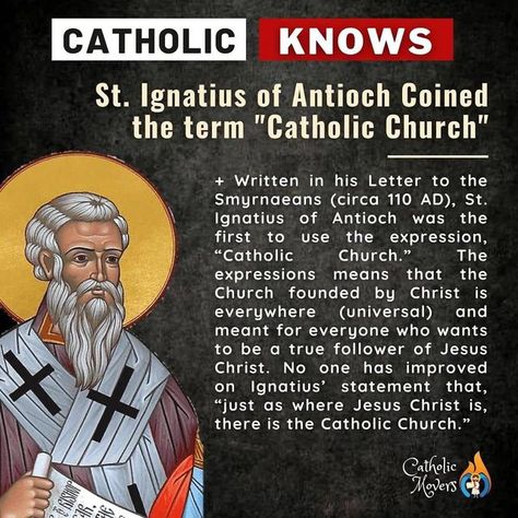 Jorge Fraga on Instagram: "• | CATHOLIC KNOWS | • St. Ignatius of Antioch Coined the Term "Catholic Church". ~~~~~ + Written in his Letter to the Smyrnaeans (circa 110 AD), St. Ignatius of Antioch was the first to use the expression, “Catholic Church.” The expressions means that the Church founded by Christ is everywhere (universal) and meant for everyone who wants to be a true follower of Jesus Christ. No one has improved on Ignatius’ statement that, “just as where Jesus Christ is, there is the St Ignatius Of Antioch Quotes, St Ignatius Of Antioch, Saint Ignatius Of Antioch, Ignatius Of Antioch, St Ignatius, Faith Formation, Church History, Catholic Kids, Christian Bible Study