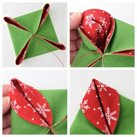 Diy Christmas Decorations With Fabric, Simple Sewing Christmas Ornaments, Folded Fabric Ornaments No Sew Christmas Balls, Sewing Xmas Ornaments, Quilted Christmas Ornaments Diy, Folded Christmas Ornaments, Folded Fabric Star Ornaments Free Pattern, Folded Fabric Christmas Ornaments, Folded Fabric Star Free Pattern