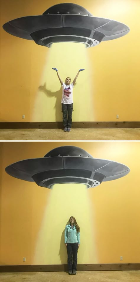 UFO by Art by Andrea Ehrhardt at Wildwood Indoor Mini Golf Space Set Design, Photobooth Wall, Space Mural, Classroom Wall Art, Interactive Murals, Interactive Art Wall, Spaceship Aesthetic, Kids Art Space, Indoor Mini Golf