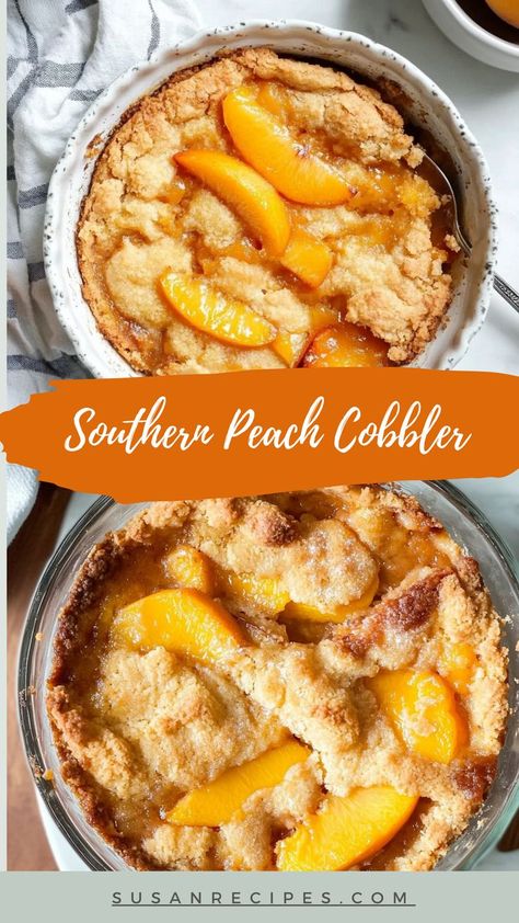 Golden, bubbly, and brimming with peachy goodness—this cobbler will be the star of any dessert table! 🍑⭐ #SweetAndSimple #PeachyKeen #SouthernSweets Healthy Peach Cobbler Recipe, Southern Living Peach Cobbler Recipe, Peach Dessert Bars, Desserts With Peaches, Frozen Peach Cobbler Recipe, Peach Cobbler Canned Peaches Recipes, Peach Recipes Dessert, Easy Cobbler Recipe, Southern Peach Cobbler Recipe