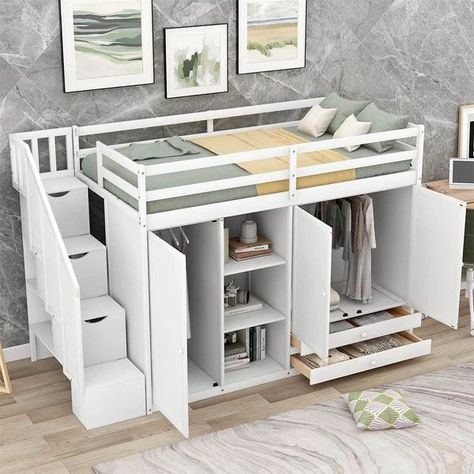 Loft Bed With Stairs, Bed With Stairs, Trundle Bed With Storage, Bed With Wardrobe, High Storage, Loft Bed Frame, Twin Size Loft Bed, Decorative Shelf, Twin Loft Bed