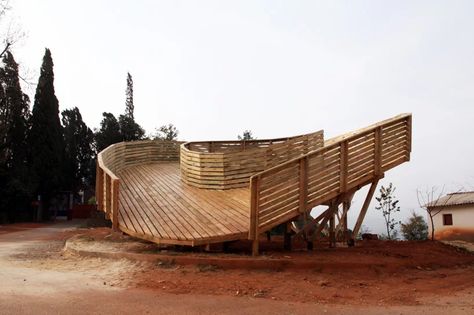 the sweep observation deck by olivier ottevaere + john lin in china Viewing Deck, Landscape Engineer, Church Pulpit, Viewing Platform, Floating Architecture, Timber Truss, Observation Deck, Landscape Elements, Shape Shifting