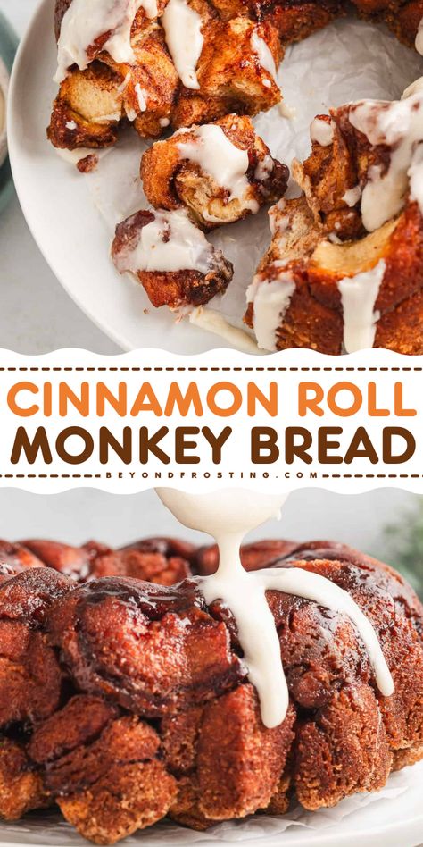 This cinnamon roll monkey bread turns refrigerated cinnamon rolls into an easy pull-apart-style breakfast treat! Soft, fluffy bites of dough are tossed with cinnamon sugar and baked in a bundt pan, then drizzled with cream cheese frosting. It’s perfect for sharing! Monkey Bread From Cinnamon Rolls, Monkey Bread With Canned Cinnamon Rolls Pillsbury, Monkey Bread With Canned Cinnamon Rolls, Monkey Bread With Cinnamon Rolls, Biscuit Monkey Bread, Monkey Breads, Homemade Monkey Bread, Cinnamon Monkey Bread, Grands Biscuits