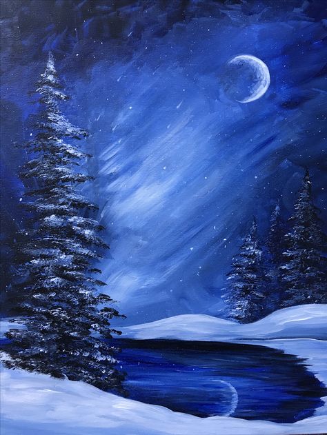 I love this design because it represent the month december that its winter time and I like the texture and the color is a balance of light and dark colors. Tree Painting Ideas, Colorful Tree Painting, Winter Paintings, Dark Tree, Christmas Landscape, Painting Picture, Winter Painting, Sun Art, Moon Sun