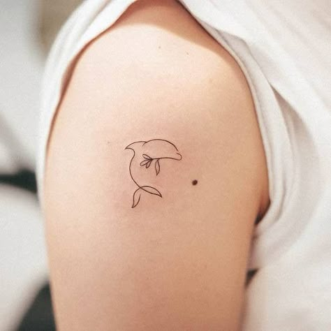 Dolphin Tattoo Behind Ear, Dainty Dolphin Tattoo, Dolphin Tale Tattoo, Dolphin Tattoos For Women, Fine Line Dolphin Tattoo, Minimalist Dolphin Tattoo, Ocean Minimalist Tattoo, Dolphin Tattoos, Beachy Tattoos