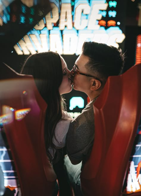 Gaming Couple Photoshoot, Gaming Engagement Photos, Arcade Photoshoot Engagement, Arcade Wedding Reception, Playroom Photoshoot, Arcade Prewedding, Arcade Couples Photoshoot, Arcade Wedding Photos, Couple Arcade Pics