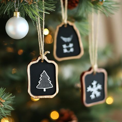 Miniature Chalkboard Ornaments Wood Slice Ornament Ideas, Chalkboard Ornaments, Chalkboard Ornament, Pyrography Designs, Wood Burn Designs, Monogram Painting, Unique Ornaments, Light Colored Wood, Ornament Ideas