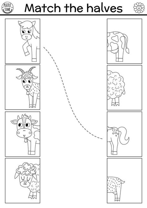 Farm connect the halves worksheet.  On the farm black and white matching game for preschool kids with domestic animals. Match heads and tails activity or coloring page with cow, horse, sheep On The Farm Worksheets Preschool, Horse Worksheets Preschool, Domestic Animals Activities, Cow Worksheets Preschool, Domestic Animals Project For Kids, Domestic Animals Preschool, Farm Animals Worksheets Preschool, Sheep Activities For Preschool, Cow Activities For Preschool