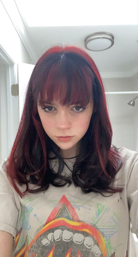 Red Black Hair With Bangs, Black Hair With Red Highlights Bangs, Red Highlights On Dark Hair With Bangs, Red Hair And Black Highlights, Skunk Highlights Red, Red Hair Black Bangs, Brown Hair With Red Bangs, Black And Red Striped Hair, Red And Black Striped Hair