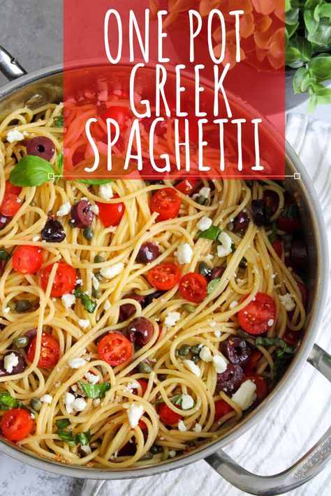 One Pot Greek Spaghetti Busy Day Dinners, Greek One Pot Meals, Meteranian Pasta Recipes, Mediterranean Spaghetti Recipes, Feta Spaghetti Pasta, Meditterean Pasta, Greek Pasta Recipes Dinners, One Pot Greek Spaghetti, Greek Pasta Recipes