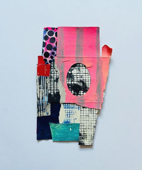 Cardboard packaging collage - screenprint and dry point etching 😀 Now available to purchase - https://www.sarahbagshaw.com/product/pink-and-turquoise-oval-grid Cardboard Collage Art, Collage Paper Art, Sarah Bagshaw, Dry Point Etching, Cardboard Collage, Paint On Cardboard, Patchwork Collage, Space Collage, Upcycling Art